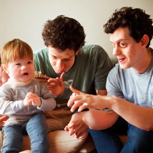 Image similar to baby mark zuckerberg and john mayer playing nintendo with their parents and their best friends look on. 3 k, depth of field, bokeh