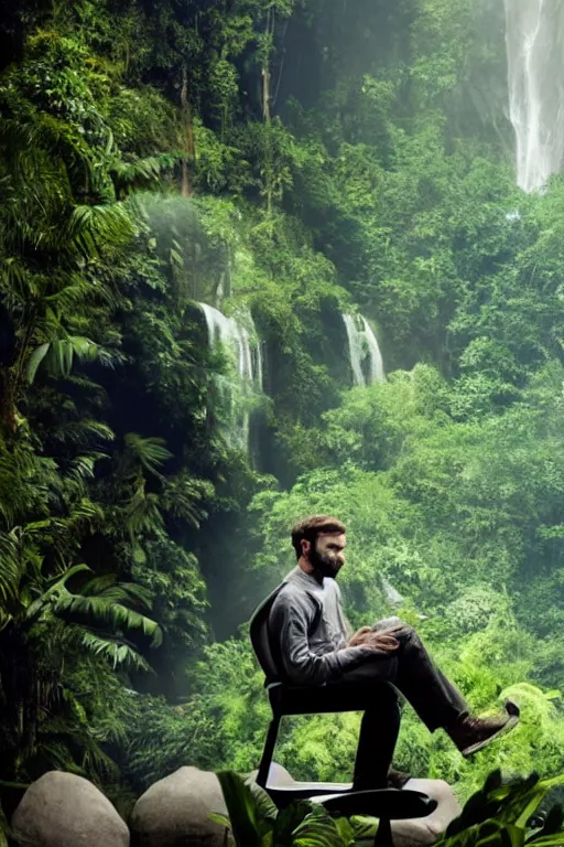 Image similar to movie closeup young man with a grey beard in a cyberpunk suit sitting on a futuristic chair at the edge of a jungle waterfall by emmanuel lubezki