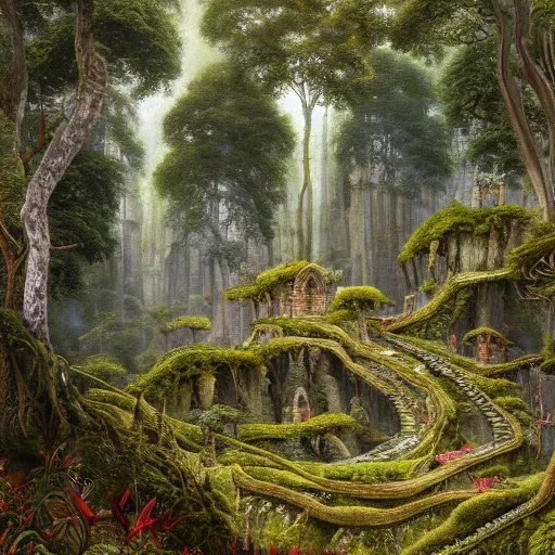 Prompt: a beautiful and highly detailed oil painting of an elven forest temple in the misty mountains, detailed plants and trees and flowers, intricate details, epic scale, insanely complex, 8 k, sharp focus, hyperrealism, fantasy landscape, psychedelic patterns, by caspar friedrich and james gurney,