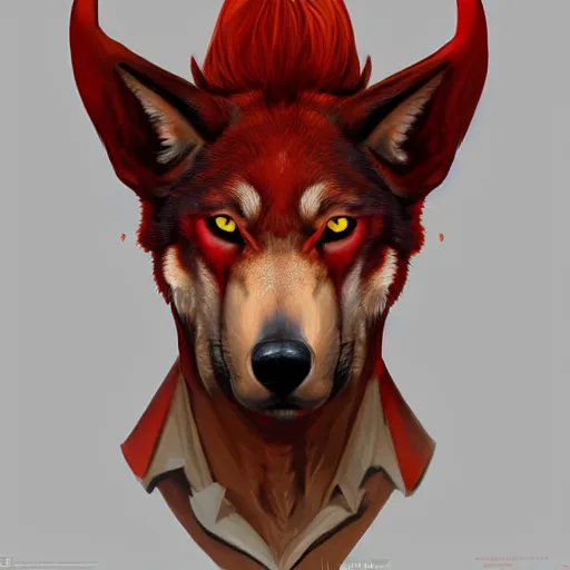 Prompt: portrait of a red color wolf with yellow horns! in a suit!, D&D, fantasy, elegant, badass, highly detailed, digital painting, artstation, concept art, sharp focus, illustration