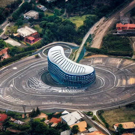 Image similar to an aerial photograph of a building shaped like a music note. the building is on top of a misty hill, smooth, photorealistic, global illumination, radiant light, intricate and detailed environment