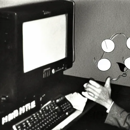 Image similar to a black and white photograph of a mischievous computer screen, by gary baseman, by robert crumb, by jim henson, high contrast, soft lighting, surreal, film photography