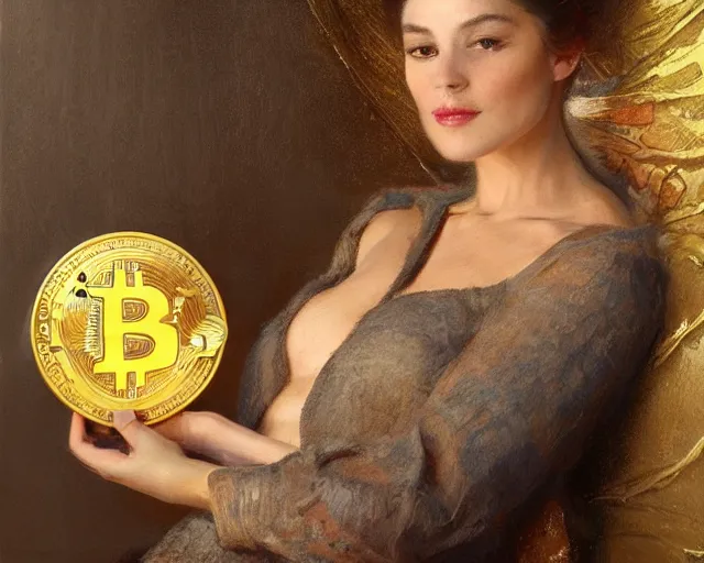 Image similar to attractive woman holding a golden bitcoin, commerial painting by annie liebovitz, gaston bussiere, craig mullins, j. c. leyendecker, 8 k