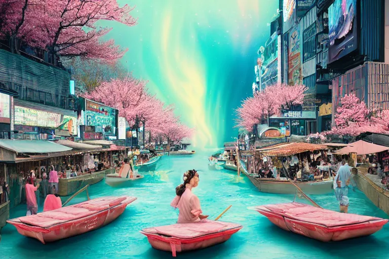 Prompt: floating markets of times square river in kyoto kamo turquoise and pink river during sakura season on thermal waters flowing down white travertine terraces during interstellar aurora borealis, gold waterfalls, vendors, festivals, fun, by peter mohrbacher, james jean, james gilleard, greg rutkowski, vincent di fate, rule of thirds, octane render, beautiful landscape