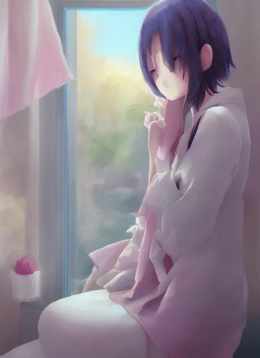 Image similar to placid pastel morning cute cluttered painterly fluffy tiny cramped bathroom trending on pixiv