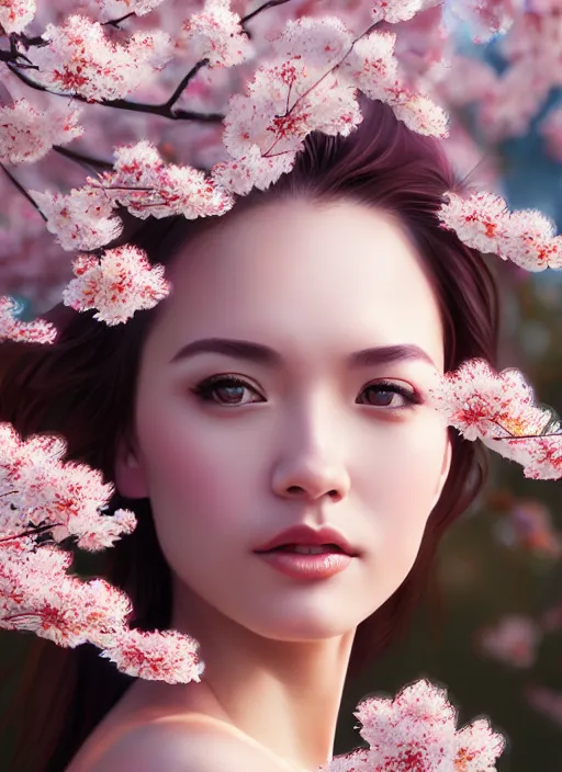 Image similar to photo of a gorgeous female in the style of stefan kostic, realistic, half body shot, sharp focus, 8 k high definition, insanely detailed, intricate, elegant, art by stanley lau and artgerm, extreme blur cherry blossoms