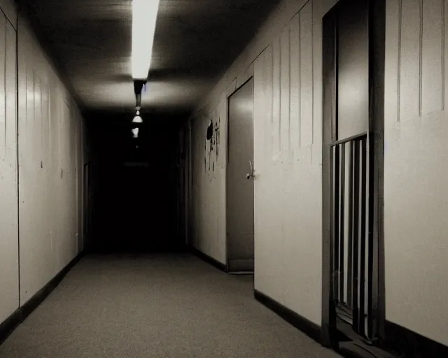 Prompt: an empty partially dark liminal space hallway that looks like the backrooms, photograph, horror