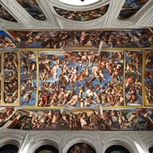 Prompt: Sistine chapel with a star wars painting, realistic, on the roof,