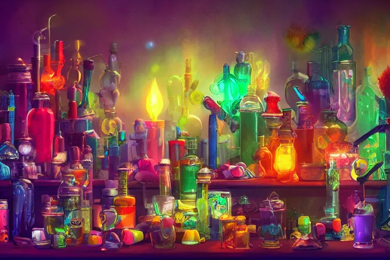 Image similar to a small rack filled with colorful glowing concoctions, magical potions, fantasy artwork, featured on artstation