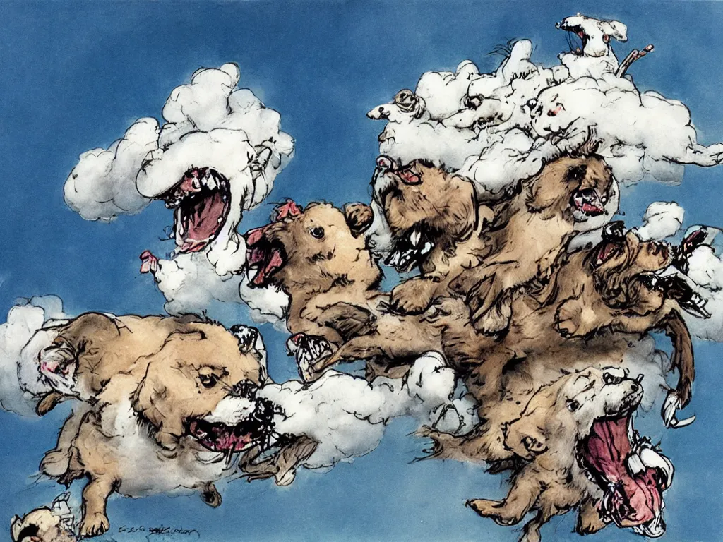 Prompt: a dream of clouds eating puppies, ralph steadman style