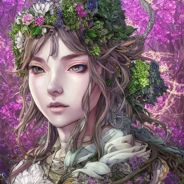 Image similar to the portrait of chaotic good female druid botanist as absurdly beautiful, gorgeous, elegant, young anime girl, an ultrafine hyperdetailed illustration by kim jung gi, irakli nadar, intricate linework, sharp focus, bright colors, octopath traveler, final fantasy, unreal engine 5 highly rendered, global illumination, radiant light, detailed and intricate environment