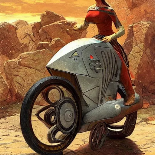 Image similar to STAR TREK motorbike designed in ancient Greece, (SFW) safe for work, photo realistic illustration by greg rutkowski, thomas kindkade, alphonse mucha, loish, norman rockwell