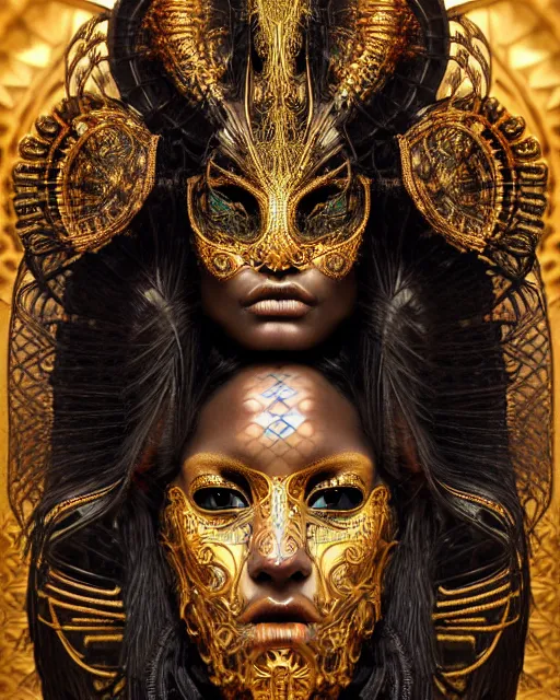 Image similar to hyperrealistic detailed portrait of a beautiful dark goddess in an intricate golden ornamental ritual mask, intricate cyberpunk make - up, insane details, art by ernst haeckel, nekro borja, android jones, alphonso mucha, gothic - cyberpunk, ornamental, beautiful deep colours,