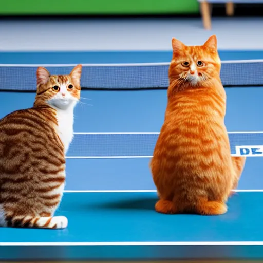 Prompt: Deux chats jouent au ping pong sur un fond orange, hyper realistic, 8K HDR.