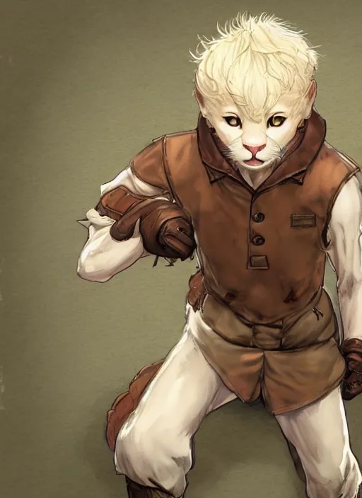 Image similar to character portrait of a albino mountain lion wearing miner's clothes. hidari, color page, tankoban, 4K, tone mapping, Akihiko Yoshida.