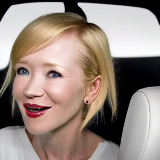 Prompt: uhd candid photo of anne heche wearing white powder all over her nose, with accurate face, in screaming, behind the wheel of a mini cooper, uhd, studio lighting, correct face, photo by annie leibovitz