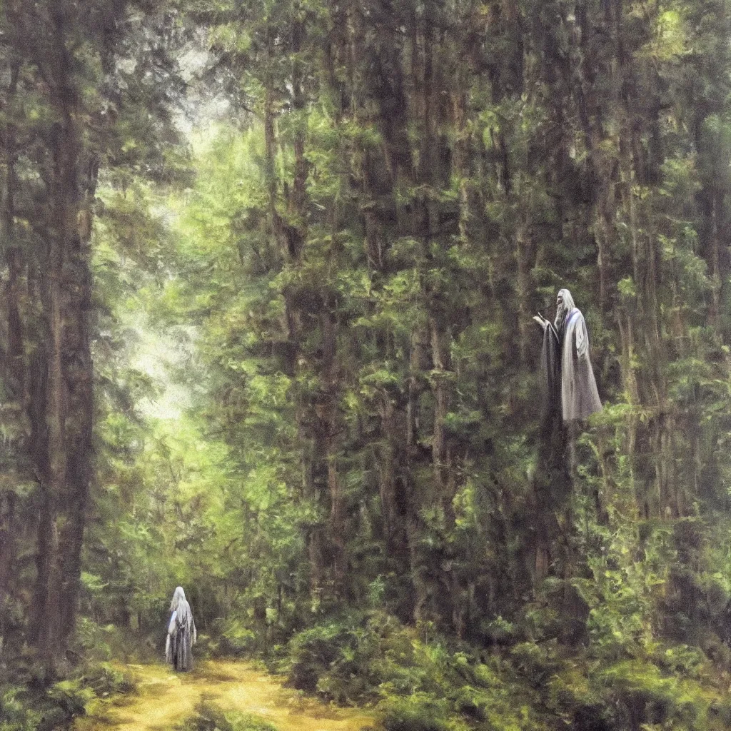 Image similar to Gandalf travelling trough the forest, oil painting
