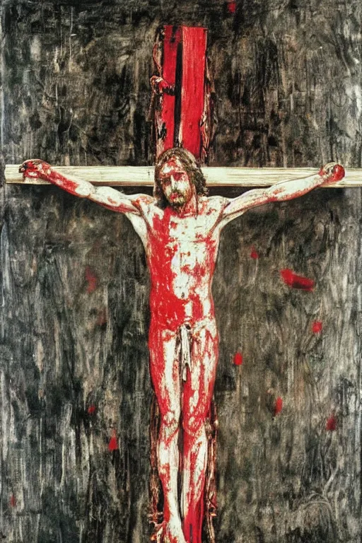 Image similar to bloody christ crucified on a very big mushroom painted in by cy twombly and andy warhol