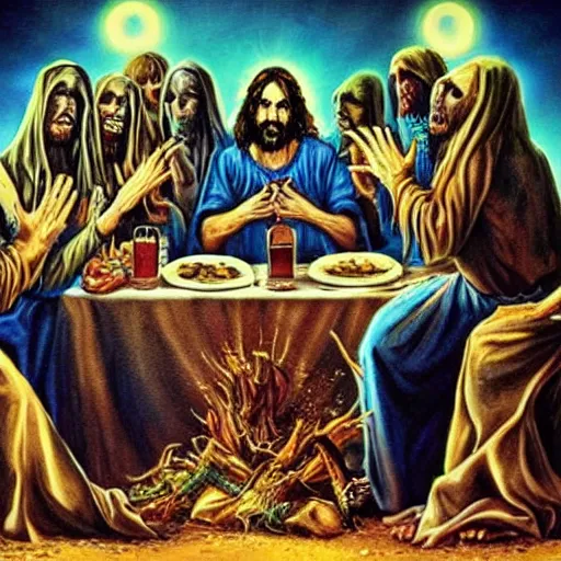 Image similar to the lord's supper, jesus accompanied by undead in iron maiden album cover style