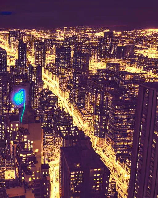 Image similar to an unreal engine rendered night rooftop scene, neon lights in the city below, close up shot of a photorealistic gangster wearing a trench coat looking at the city below, global illumination