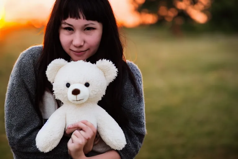 Image similar to canon, 30mm, bokeh, girl holding a teddy bear, snuggly, black hair, sunset, contrejour