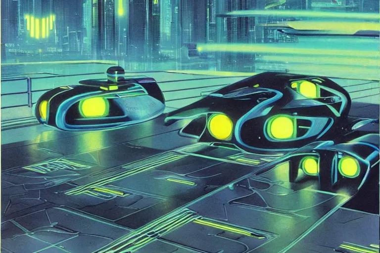 Image similar to 1979 OMNI Magazine Cover of a set of Tron Light Cycles on the Grid. in cyberpunk style by Vincent Di Fate