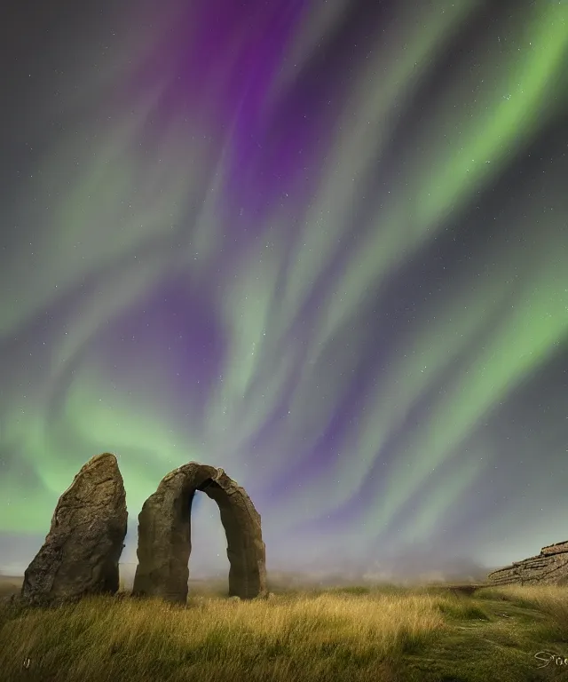 Image similar to stone archway, aurora borealis, portal, mysticism, photorealistic, fog