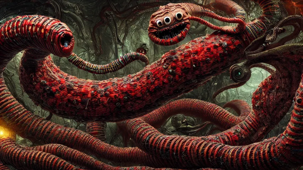 Image similar to screaming worm monster, maximalist, high detail, 8k, ornate, dark fantasy, realistic, masterpiece, complex, WLOP, film still from the movie directed by Denis Villeneuve, wide angle, colorful