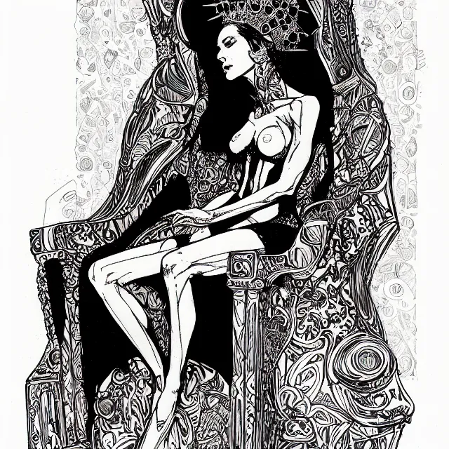 Prompt: salome full figure sitting on throne sketchbook ink drawing by james jean very detailed high contrast