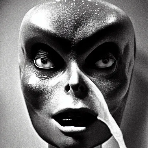 Image similar to a close - up, black & white studio photographic portrait of an alien, dramatic backlighting, 1 9 7 3 photo from life magazine