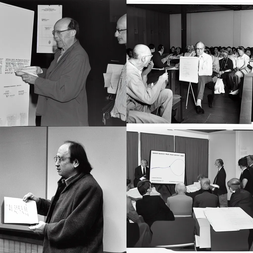 Prompt: Mickey presenting his proof of the Riemann Hypothesis in a conference, black and white photography, archive, alexander grothendieck