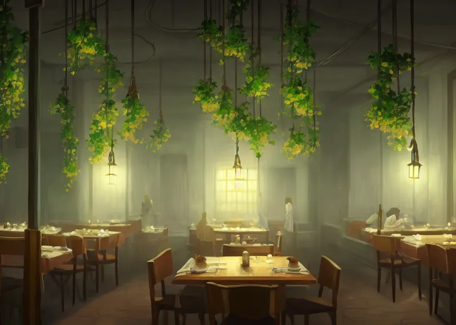 Image similar to an interior room of a dim restaurant at night with hanging plants, makoto shinkai, dusty, matte painting