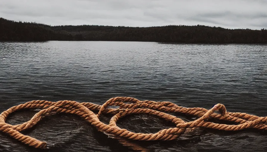 Image similar to rope floating to surface of water in the middle of the lake, overcast lake, rocky foreground, 2 4 mm leica anamorphic lens, moody scene, stunning composition, hyper detailed, color kodak film stock