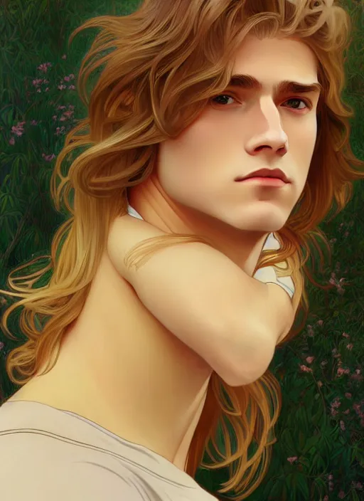 Image similar to pretty young man with shoulder length shiny shimmering golden blond hair, half body shot, path traced, highly detailed, high quality, digital painting, by studio ghibli and alphonse mucha, leesha hannigan, hidari, disney