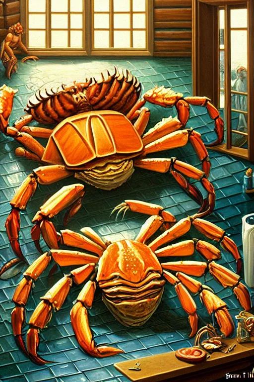 Prompt: classic oil painting, a giant crab, as a dnd character, inside a cluttered bathroom, cottagecore, highly detailed, digital illustration, concept art, smooth, sharp focus, art by tim hildebrandt, and sandro botticelli