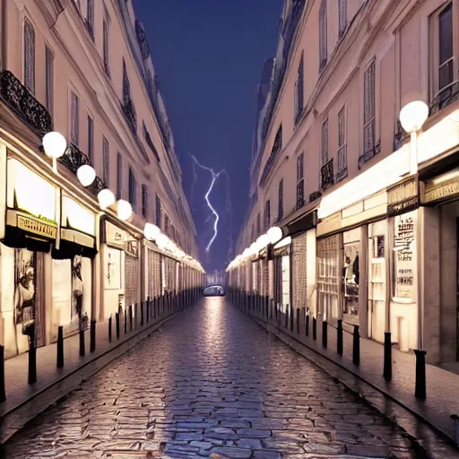 Prompt: night cliché of Paris' street with a lot of little stores open, pretty and smooth lightening 8k unreal engine render