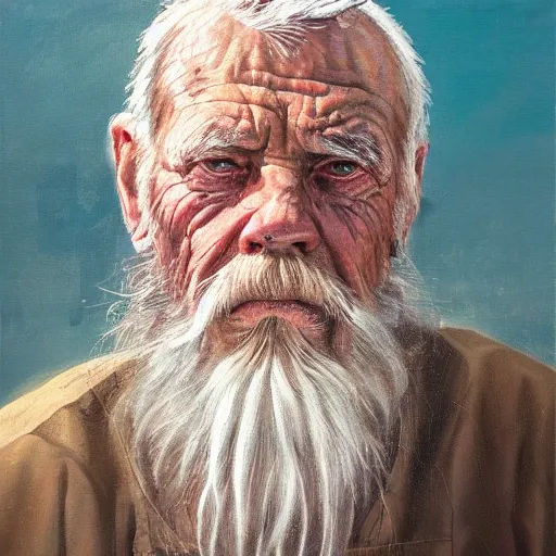 Prompt: realistic portrait painting of a wizened wrinkled old bearded fisherman, centered composition, identical gazing eyes, oil on canvas