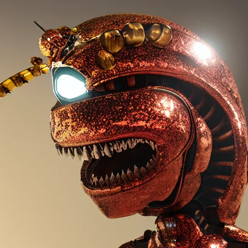 Image similar to a insect alien with a very detailed armour covered in blood eyes of gold sparkles cinematic high quality, sharp, unreal engine 5