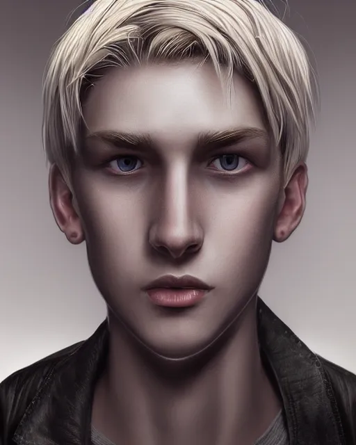 Image similar to portrait a 1 5 - year - old boy, with slender, white - blond hair, cold grey eyes, a pale complexion with sharp and pointed features, wearing black clothes, hyper realistic face, beautiful eyes, character art, art by mark brooks, hyperdetailed, cryengine, trending on artstation, digital art