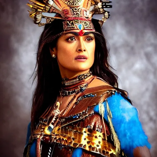 Image similar to Salma Hayek as aztec princess warrior hyper realistic 4K quality