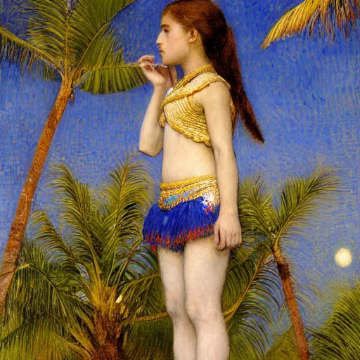 Image similar to a ultradetailed beautiful painting of the moon girl on the amazonas palace by jules bastien - lepage, hans belmer, frank weston and gustave baumann, trending on artstation, mediterranean, palm trees, light sparkles, sharp focus, soft light, 8 k 4 k