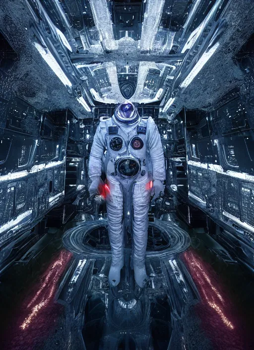 Image similar to symmetry concept art by craig mullins astronaut in futuristic dark and empty spaceship underwater. infrared glowing lights. complex and hyperdetailed technical suit. mandelbulb fractal. reflection and dispersion materials. rays and dispersion of light. volumetric light. 5 0 mm, f / 3 2. noise film photo. flash photography. unreal engine 4, octane render. interstellar movie art