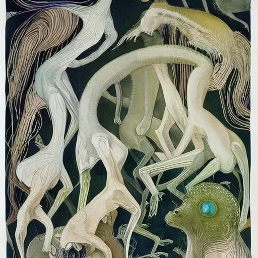 Image similar to A beautiful art installation of a group of creatures that looks like a mix of different animals. Most of the creatures have human-like features, such as arms and legs, and some are standing upright while others are crawling or flying. overhead view by Kay Nielsen soft, organic