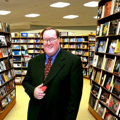 Prompt: 2 0 0 5 john lasseter of pixar is wearing a black suit and necktie standing in line at a bookstore. he his looking down at his shoes.