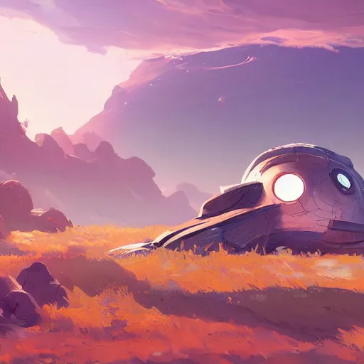 Prompt: landscape painting of a small spaceship crashed into a foreign planet. The spaceship is buried in the ground, smoking. clean sharp digital art, environment concept art, by rossdraws, ghibli, breath of the wild, greg rutkowski