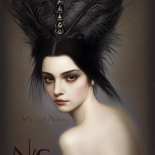 Image similar to highly detailed ilustration of a beautiful cute girl with feathers, endless black hair, with pale skin, by nicola samuri, by dino valls, by m. w. kaluta, rule of thirds, seductive look, 4 k resolution