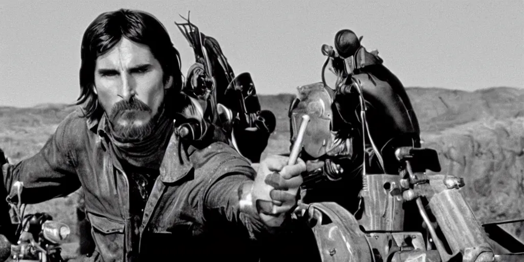 Image similar to film still of Christian Bale as Max in Mad Max 1979