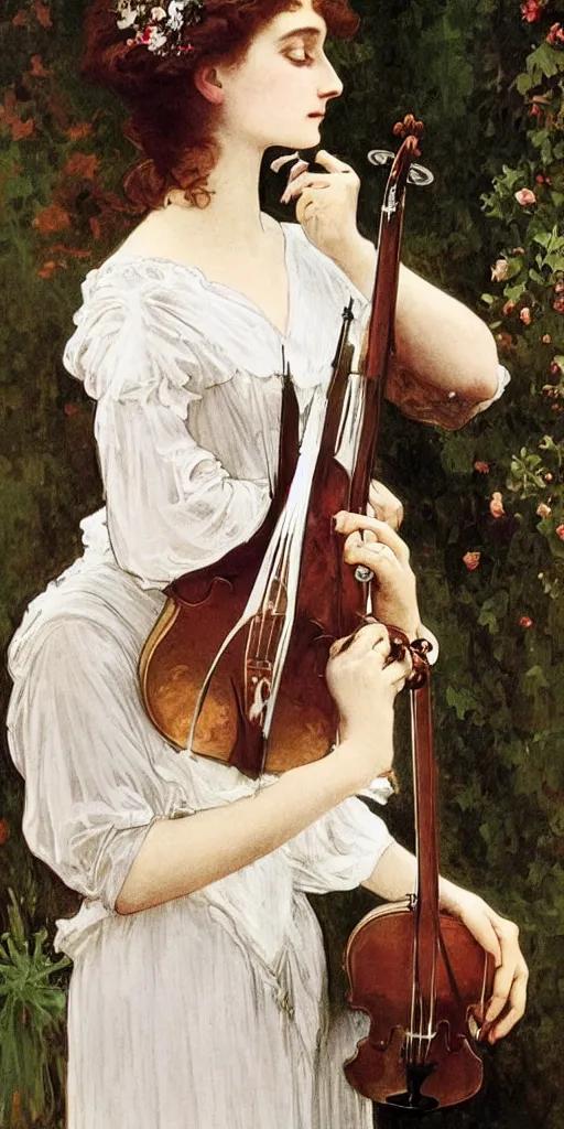 Image similar to A young edwardian woman wearing a white dress, holding a violin in her hands, in the style of mucha