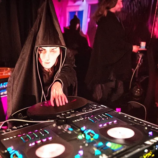 Image similar to a witch wearing a dark hooded cloak on the dj decks