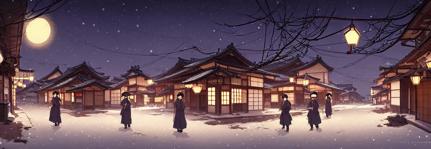 Image similar to empty rural japanese town at night, winter, in the style of studio ghibli, j. c. leyendecker, greg rutkowski, artem